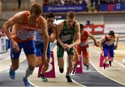 1 March 2019; Zak Curran of Ireland, centre right, and Simone Barontine of Italy jostle whilst competing in the Men's 800m during day one of the European Indoor Athletics Championships at Emirates Arena in Glasgow, Scotland. Photo by Sam Barnes/Sportsfile