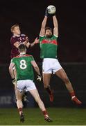 2 March 2019; Aidan O’Shea of Mayo catches a kick-out ahead of Ciarán Duggan of Galway, as team-mate Matthew Ruane looks on, during the Allianz Football League Division 1 Round 5 match between Mayo and Galway at Elverys MacHale Park in Castlebar, Mayo. Photo by Piaras Ó Mídheach/Sportsfile
