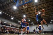 2 March 2019; Eoin Quigley of Garvey's Tralee Warriors goes up for a basket despite the attention of Sean Seller of Maree during the Basketball Ireland Men's Superleague match between Garvey's Tralee Warriors and Maree at the Tralee Sports Complex in Tralee, Co. Kerry. Photo by Brendan Moran/Sportsfile