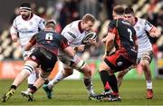 3 March 2019; Kieran Treadwell of Ulster is tackled by Huw Taylor, left, and Taine Basham of Dragons during the Guinness PRO14 Round 17 match between Dragons and Ulster at Rodney Parade in Newport, Wales. Photo by Ben Evans/Sportsfile