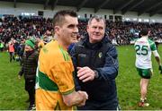 3 March 2019; Paddy Maguire of Leitrim celebrates along with Leitrim Manaer Terry Hyland after the Allianz Football League Division 4 Round 5 match between Leitrim and London at Avantcard Páirc Seán Mac Diarmada in Carrick-on-Shannon, Co. Leitrim. Photo by Oliver McVeigh/Sportsfile