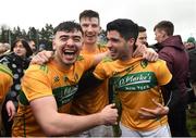 3 March 2019; Leitrim players, from left, Dean McGovern, Shane Quinn and Emlym Mulligan celebrate after the Allianz Football League Division 4 Round 5 match between Leitrim and London at Avantcard Páirc Seán Mac Diarmada in Carrick-on-Shannon, Co. Leitrim. Photo by Oliver McVeigh/Sportsfile