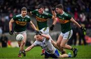 3 March 2019; Conor McCarthy of Monaghan in action against Kerry players, from left, Peter Crowley, Kevin McCarthy and Gavin Crowley during the Allianz Football League Division 1 Round 5 match between Kerry and Monaghan at Fitzgerald Stadium in Killarney, Kerry. Photo by Brendan Moran/Sportsfile