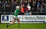 3 March 2019; Aaron Gillane of Limerick scores a free in injury time to draw the game level during the Allianz Hurling League Division 1A Round 5 match between Clare and Limerick at Cusack Park in Ennis, Co. Clare. Photo by Diarmuid Greene/Sportsfile