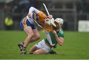 3 March 2019; Conor Cleary of Clare and Kyle Hayes of Limerick tussle off the ball during the Allianz Hurling League Division 1A Round 5 match between Clare and Limerick at Cusack Park in Ennis, Co. Clare. Photo by Diarmuid Greene/Sportsfile
