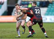 3 March 2019; Darren Cave of Ulster takes on Jason Tovey of Dragons and Tyler Morgan of Dragons during the Guinness PRO14 Round 17 match between Dragons and Ulster at Rodney Parade in Newport, Wales. Photo by Gareth Everett/Sportsfile