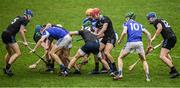 3 March 2019; Playes from both sides, including Dublin's Chris Crummy, left, Rian McBride and Jake Malone and Laois players Seán Downey, Aaron Dunphy and Charles Dwyer,  seek possession of the sliothar during the Allianz Hurling League Division 1B Round 5 match between Dublin and Laois at Parnell Park in Dublin. Photo by Ray McManus/Sportsfile