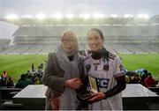 3 March 2019; Maol Muire Tynan, Head of Public Affairs AIB Bank, presents Tina Hannon of Slaughtneil with the Player of the Match award for her outstanding performance in the AIB Senior Camogie Club Championship Final between St Martins and Slaughtneil in Croke Park on Sunday, March 3rd. This is AIB’s sixth year sponsoring the All-Ireland Camogie Club Championships and third consecutive year to live stream both Camogie finals on their AIB GAA YouTube channel. For exclusive content and behind the scenes action of the AIB GAA & Camogie Club Championships follow AIB GAA on Facebook, Twitter, Instagram and Snapchat and www.aib.ie/gaa. Photo by Harry Murphy/Sportsfile