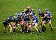 3 March 2019; Players from both sides, including Dublin's Chris Crummy, left, Rian McBride and Jake Malone and Laois players Seán Downey, Aaron Dunphy and Charles Dwyer,  seek possession of the sliothar during the Allianz Hurling League Division 1B Round 5 match between Dublin and Laois at Parnell Park in Dublin. Photo by Ray McManus/Sportsfile