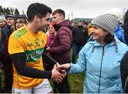 3 March 2019; The long serving Leitrim player Emlyn Mulligan celebrates amongst fans after the Allianz Football League Division 4 Round 5 match between Leitrim and London at Avantcard Páirc Seán Mac Diarmada in Carrick-on-Shannon, Co. Leitrim. Photo by Oliver McVeigh/Sportsfile