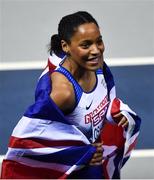 3 March 2019; Shelayna Oskan-Clarke of Great Britain celebrates after winning a gold medal in the Women's 800m finals during day three of the European Indoor Athletics Championships at the Emirates Arena in Glasgow, Scotland. Photo by Sam Barnes/Sportsfile