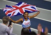 3 March 2019; Shelayna Oskan-Clarke of Great Britain celebrates after winning a gold medal in the Women's 800m finals during day three of the European Indoor Athletics Championships at the Emirates Arena in Glasgow, Scotland. Photo by Sam Barnes/Sportsfile
