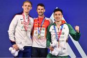 3 March 2019; Medalists, from left, silver Jamie Webb of Great Britain, gold Álvaro De Arriba of Spain, and bronze Mark English of Ireland following the Men's 800m finals during day three of the European Indoor Athletics Championships at the Emirates Arena in Glasgow, Scotland. Photo by Sam Barnes/Sportsfile