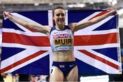 3 March 2019; Laura Muir of Great Britain celebrates after winning a gold medal in the Women's 1500m finals during day three of the European Indoor Athletics Championships at the Emirates Arena in Glasgow, Scotland. Photo by Sam Barnes/Sportsfile