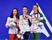 3 March 2019; Medalists, from left, silver Sofia Ennaoui of Poland, gold Laura Muir of Great Britain, and Ciara Mageean of Ireland after competing in the Women's 1500m finals during day three of the European Indoor Athletics Championships at the Emirates Arena in Glasgow, Scotland. Photo by Sam Barnes/Sportsfile