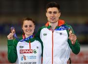 3 March 2019; Ciara Mageean of Ireland, who won a bronze medal in the Women's 1500m finals, alongside team-mate Mark English, who won a bronze medal in the Men's 800m finals, during day three of the European Indoor Athletics Championships at Emirates Arena in Glasgow, Scotland. Photo by Sam Barnes/Sportsfile