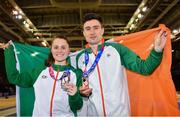 3 March 2019; Ciara Mageean of Ireland, who won a bronze medal in the Women's 1500m finals, alongside team-mate Mark English, who won a bronze medal in the Men's 800m finals, during day three of the European Indoor Athletics Championships at Emirates Arena in Glasgow, Scotland. Photo by Sam Barnes/Sportsfile