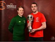 4 March 2019; Former Republic of Ireland international John O'Shea was today named as the Tournament Ambassador for the upcoming UEFA Under-17 European Championship. The tournament, which takes places from May 3rd to May 19th, will see matches held in Dublin, Longford and Waterford, with the final at Tallaght Stadium. Pictured is former Republic of Ireland international John O'Shea, right, and Republic of Ireland U17 manager Colin O'Brien at the FAI Headquarters in Abbotstown, Dublin. Photo by Seb Daly/Sportsfile