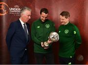 4 March 2019; Former Republic of Ireland international John O'Shea was today named as the Tournament Ambassador for the upcoming UEFA Under-17 European Championship. The tournament, which takes places from May 3rd to May 19th, will see matches held in Dublin, Longford and Waterford, with the final at Tallaght Stadium. Pictured are, from left, John Delaney, FAI Chief Executive Officer, former Republic of Ireland international John O'Shea and Republic of Ireland U17 manager Colin O'Brien at the FAI Headquarters in Abbotstown, Dublin. Photo by Seb Daly/Sportsfile