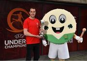 4 March 2019; Former Republic of Ireland international John O'Shea was today named as the Tournament Ambassador for the upcoming UEFA Under-17 European Championship. The tournament, which takes places from May 3rd to May 19th, will see matches held in Dublin, Longford and Waterford, with the final at Tallaght Stadium. Pictured is former Republic of Ireland international John O'Shea, with tournament mascot Barry The Bodhran at the FAI Headquarters in Abbotstown, Dublin. Photo by Seb Daly/Sportsfile