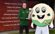 4 March 2019; Former Republic of Ireland international John O'Shea was today named as the Tournament Ambassador for the upcoming UEFA Under-17 European Championship. The tournament, which takes places from May 3rd to May 19th, will see matches held in Dublin, Longford and Waterford, with the final at Tallaght Stadium. Pictured is former Republic of Ireland international John O'Shea, with tournament mascot Barry The Bodhran at the FAI Headquarters in Abbotstown, Dublin. Photo by Seb Daly/Sportsfile