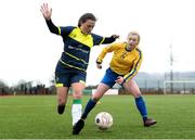 4 March 2019; Ellen Hegarty of Moville CC in action against Allie Heartherington of Athlone CC during the FAI Schools Senior Girls National Cup Final match between Athlone Community College and Moville Community College at the Showgrounds in Sligo. Photo by Harry Murphy/Sportsfile