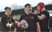 4 March 2019; Conor Anderson of CBC Monkstown, centre, celebrates scoring his side's first try during the Bank of Ireland Vinnie Murray Cup Final match between CBC Monkstown and Catholic University School at Energia Park in Donnybrook, Dublin. Photo by Piaras Ó Mídheach/Sportsfile