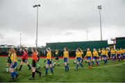 4 March 2019; Moville CC and Athlone CC players walk out prior to the FAI Schools Senior Girls National Cup Final match between Athlone Community College and Moville Community College at the Showgrounds in Sligo. Photo by Harry Murphy/Sportsfile