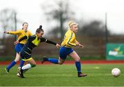 4 March 2019; Allie Heartherington of Atholne CC in action against Bronagh McGuinness of Moville CC during the FAI Schools Senior Girls National Cup Final match between Athlone Community College and Moville Community College at the Showgrounds in Sligo. Photo by Harry Murphy/Sportsfile