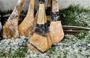 3 March 2019; Spare hurleys sit in the snow during the Allianz Hurling League Division 2A Round 5 match between Kerry and Meath at Fitzgerald Stadium in Killarney, Kerry. Photo by Brendan Moran/Sportsfile
