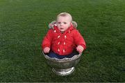 4 March 2019; Vincent Corcoran, age 11 months, and son of CBC Monkstown coach Ryan Corcoran, sits in the cup during the celebrations after the Bank of Ireland Vinnie Murray Cup Final match between CBC Monkstown and Catholic University School at Energia Park in Donnybrook, Dublin. Photo by Piaras Ó Mídheach/Sportsfile