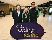 4 March 2019; Lydia Boylan with CEO Cycling Ireland John Foley, left, and Cycling Ireland High Performance Director Brian Nugent on her return home to Dublin Airport after winning a silver medal in the Points Race at the World Track Cycling Championships in Poland. Photo by Eóin Noonan/Sportsfile