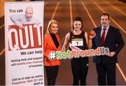 5 March 2019; Athletics Ireland launch the “Smoke Free Sport” initiative in association with the HSE, QUIT and Healthy Ireland’ with, from left, Miriam Gunning, HSE Tobacco Free Campus Lead, Tobacco Free Ireland Ambassador and Hammer Thrower Michaela Walsh and Kieron Stout, National Children's Officer & HR Manager for Athletics Ireland at Morton Stadium in Santry, Dublin. Photo by David Fitzgerald/Sportsfile