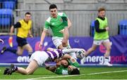 5 March 2019; Luke McDermott of Clongowes Wood College scores his side's third try despite the tackle of Jack Barry of Gonzaga College during the Bank of Ireland Schools Senior Cup Semi-Final match between Gonzaga College and Clongowes Wood College at Energia Park in Donnybrook, Dublin. Photo by Ramsey Cardy/Sportsfile