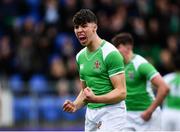 5 March 2019; Karl Morgan of Gonzaga College celebrates his side's third try during the Bank of Ireland Schools Senior Cup Semi-Final match between Gonzaga College and Clongowes Wood College at Energia Park in Donnybrook, Dublin. Photo by Ramsey Cardy/Sportsfile