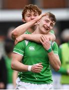 5 March 2019; Arthur Henry, left, and Hugo Fitzgerald of Gonzaga College celebrate following their victory in the Bank of Ireland Schools Senior Cup Semi-Final match between Gonzaga College and Clongowes Wood College at Energia Park in Donnybrook, Dublin. Photo by Ramsey Cardy/Sportsfile