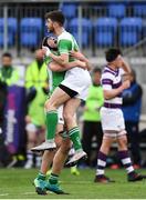 5 March 2019; Liam Tyrell, left, and Harry Colbert of Gonzaga College celebrate at the final whistle of the Bank of Ireland Schools Senior Cup Semi-Final match between Gonzaga College and Clongowes Wood College at Energia Park in Donnybrook, Dublin. Photo by Ramsey Cardy/Sportsfile