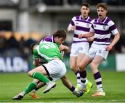5 March 2019; John Maher of Clongowes Wood College is tackled by Harry Colbert of Gonzaga College during the Bank of Ireland Schools Senior Cup Semi-Final match between Gonzaga College and Clongowes Wood College at Energia Park in Donnybrook, Dublin. Photo by Ramsey Cardy/Sportsfile