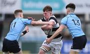 6 March 2019; Eoghan Rutledge of Belvedere College is tackled by Mark O’Brien, left, and Chris Cosgrave of St Michael's College during the Bank of Ireland Schools Senior Cup semi-final match between Belvedere College and St Michael's College at Energia Park in Donnybrook, Dublin. Photo by Piaras Ó Mídheach/Sportsfile