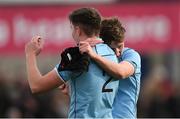 6 March 2019; St Michael's College players, Lee Barron, left, and Stephen Woods celebrate after the Bank of Ireland Schools Senior Cup semi-final match between Belvedere College and St Michael's College at Energia Park in Donnybrook, Dublin. Photo by Piaras Ó Mídheach/Sportsfile