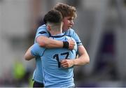6 March 2019; John Fish, behind, and Chris Cosgrave of St Michael's College celebrate after the Bank of Ireland Schools Senior Cup semi-final match between Belvedere College and St Michael's College at Energia Park in Donnybrook, Dublin. Photo by Piaras Ó Mídheach/Sportsfile