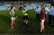 2 March 2019; Referee Maggie Farrelly with team captains Niamh Kelly of Mayo and Tracey Leonard of Galway before the Lidl Ladies NFL Division 1 Round 4 match between Mayo and Galway at Elverys MacHale Park in Castlebar, Mayo. Photo by Piaras Ó Mídheach/Sportsfile