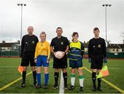 4 March 2019; Megan Kelly of Athlone CC and Kate McClenaghan of Moville CC with the officials prior to the FAI Schools Senior Girls National Cup Final match between Athlone Community College and Moville Community College at The Showgrounds in Sligo. Photo by Harry Murphy/Sportsfile