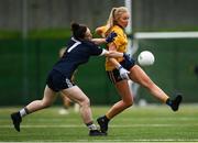 8 March 2019; Amy Johnston of DCU in action against Realtin McElhinney of Ulster University during the Gourmet Food Parlour Lagan Cup Final match between Ulster University and Dublin City University at TU Dublin Broombridge Sports Grounds in Dublin. Photo by Harry Murphy/Sportsfile