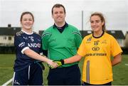 8 March 2019; Nicole Catney of Ulster University and Rachel Hogan of DCU shake hands across referee Maurice Mulcahy prior to the Gourmet Food Parlour Lagan Cup Final match between Ulster University and Dublin City University at TU Dublin Broombridge Sports Grounds in Dublin. Photo by Harry Murphy/Sportsfile