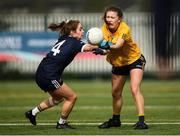 8 March 2019; Tara Hegarty of DCU in action against Caiti Boyle of Ulster University during the Gourmet Food Parlour Lagan Cup Final match between Ulster University and Dublin City University at TU Dublin Broombridge Sports Grounds in Dublin. Photo by Harry Murphy/Sportsfile