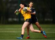 8 March 2019; Leah Hand of DCU in action against Roisin Murphy of Ulster University during the Gourmet Food Parlour Lagan Cup Final match between Ulster University and Dublin City University at TU Dublin Broombridge Sports Grounds in Dublin. Photo by Harry Murphy/Sportsfile