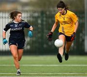 8 March 2019; Maedhbh Nic Giolla Bhríde of DCU in action against Michaela Doyle of Ulster University during the Gourmet Food Parlour Lagan Cup Final match between Ulster University and Dublin City University at TU Dublin Broombridge Sports Grounds in Dublin. Photo by Harry Murphy/Sportsfile