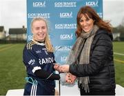 8 March 2019; Danielle McManus of Ulster University is presented the player of the match award by Marketing Communications Manager for Gourmet Food Parlour Shirley Byrne following the Gourmet Food Parlour Lagan Cup Final match between Ulster University and Dublin City University at TU Dublin Broombridge Sports Grounds in Dublin. Photo by Harry Murphy/Sportsfile