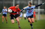 8 March 2019; Hannah Looney of UCC in action against Martha Byrne of UCD during the Gourmet Food Parlour O’Connor Cup Semi-Final match between University College Dublin and University College Cork at the GAA Centre of Excellence in Abbotstown, Dublin. Photo by David Fitzgerald/Sportsfile